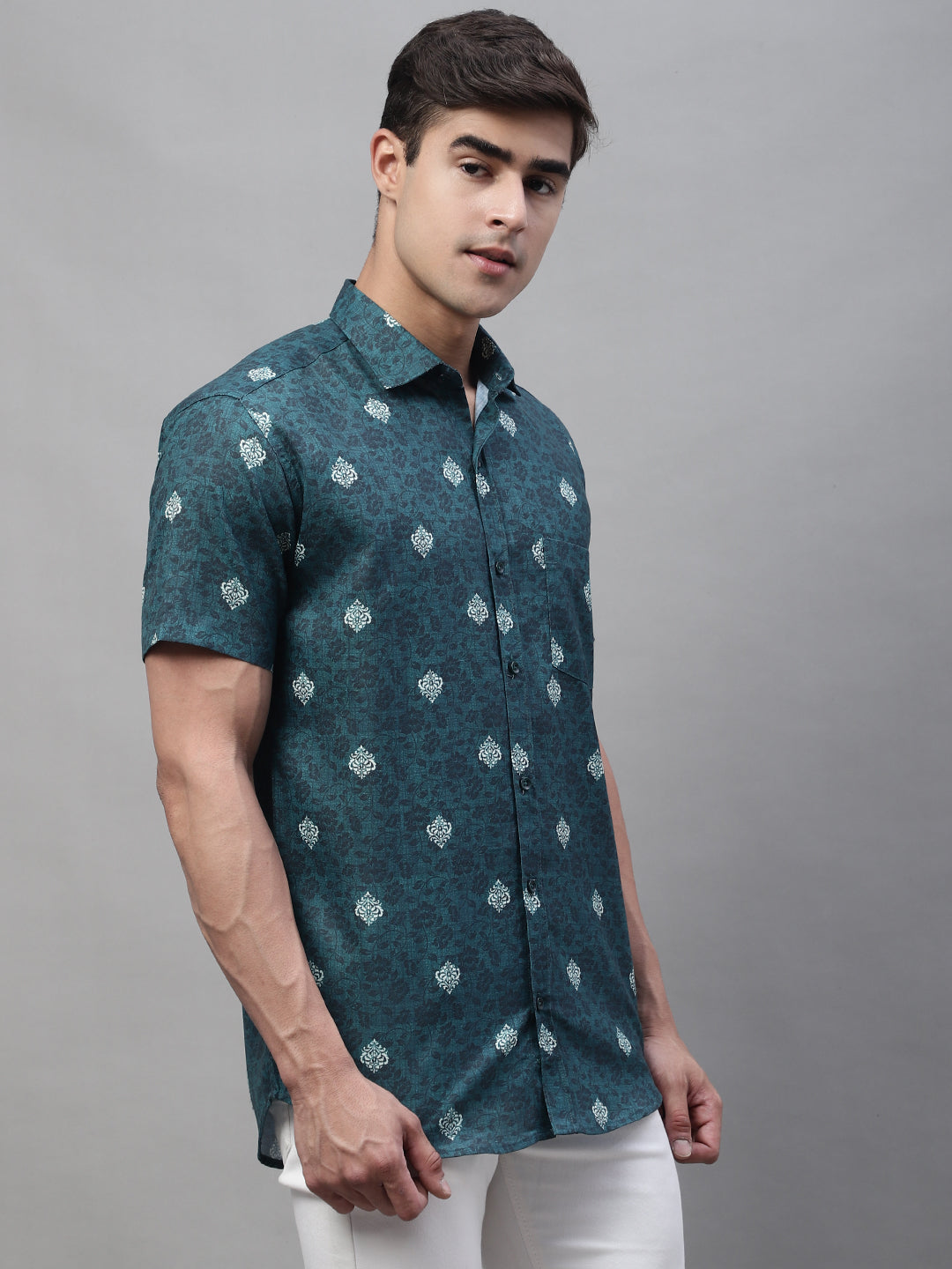Louis Monarch Men Regular Fit Green Printed Spread Collar Casual Half Shirt
